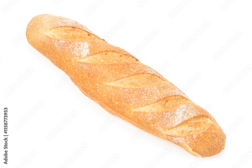 One freshly baked baguette isolated on white, top view One freshly baked baguette isolated on white, top view