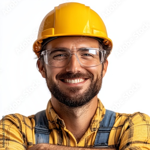 Professional Technician in Overalls and Safety Glasses Isolated on White Background for Industrial, Technical, and Safety Equipment Concepts