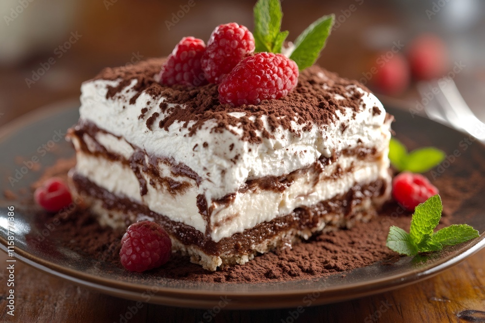 Delicious tiramisu cake garnished with cocoa powder and fresh raspberries Delicious tiramisu cake garnished with cocoa powder and fresh raspberries