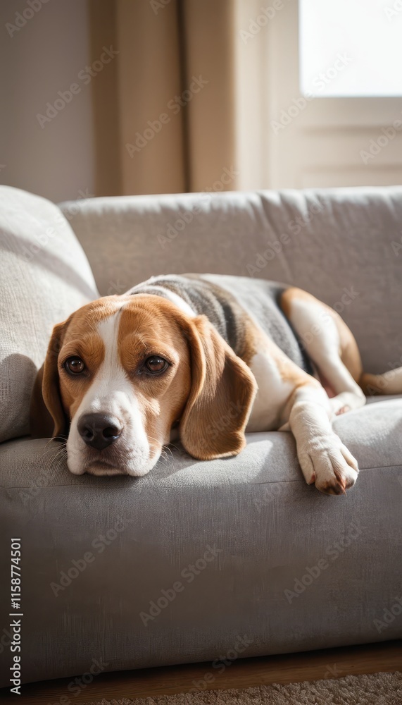 A relaxed beagle lying on a cozy couch with soft cushions, gazing thoughtfully into the distance. A perfect scene of comfort and tranquility indoors A relaxed beagle lying on a cozy couch with soft cushions, gazing thoughtfully into the distance. A perfect scene of comfort and tranquility indoors