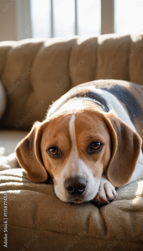 A relaxed beagle lying on a cozy couch with soft cushions, gazing thoughtfully into the distance. A perfect scene of comfort and tranquility indoors A relaxed beagle lying on a cozy couch with soft cushions, gazing thoughtfully into the distance. A perfect scene of comfort and tranquility indoors