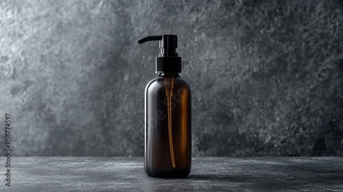 A stylish bottle of hair serum with a sleek pump dispenser, styled on a neutral gray surface, 8k, realistic, full ultra HD, high resolution, cinematic photography photo