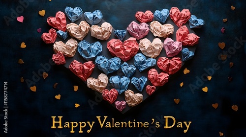 a large heart composed of pink, red, and blue origami hearts against a textured black fabric background with "Happy Valentine’s Day" text. valentine banner, love