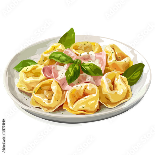 A watercolor of Italian tortellini with ham and cream sauce, isolated on a white background. Tortellini vector.
