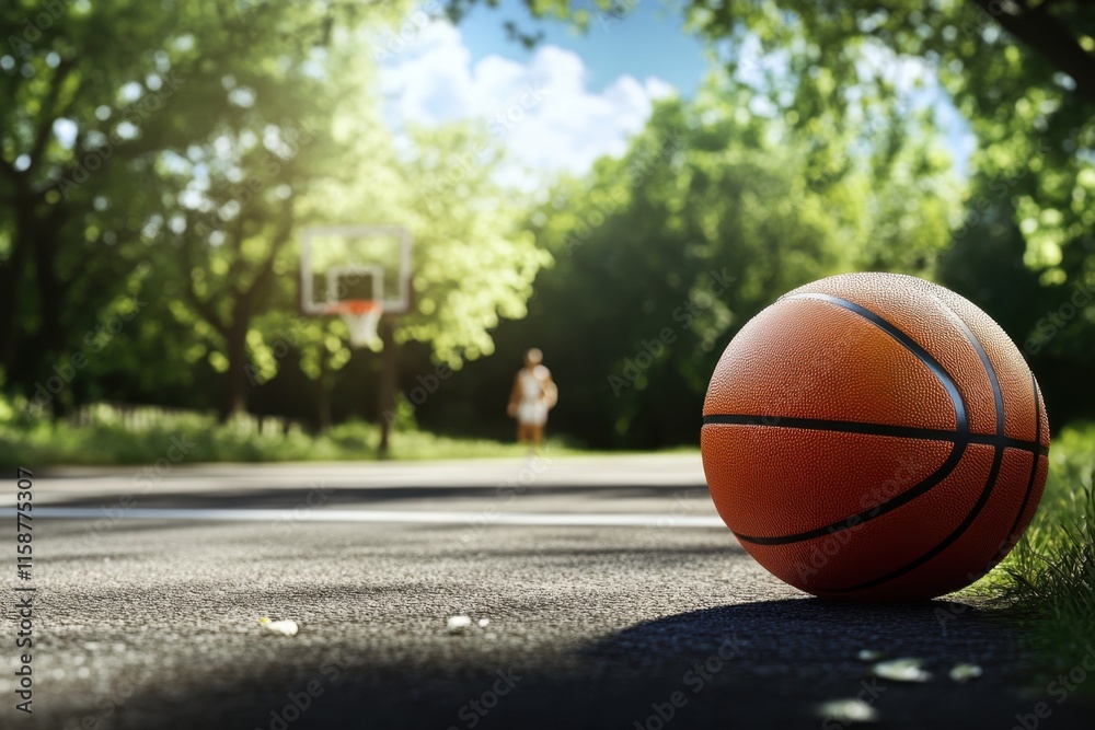 Basketball rests on asphalt with player approaching in sunny park during afternoon Basketball rests on asphalt with player approaching in sunny park during afternoon