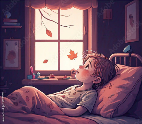 "The Last Leaf of Hope".A sick boy lies in his bed, through the window, he watches a single leaf cling to the bare branch of a tree.The leaf, almost lifeless, seems to struggle against the inevitable.