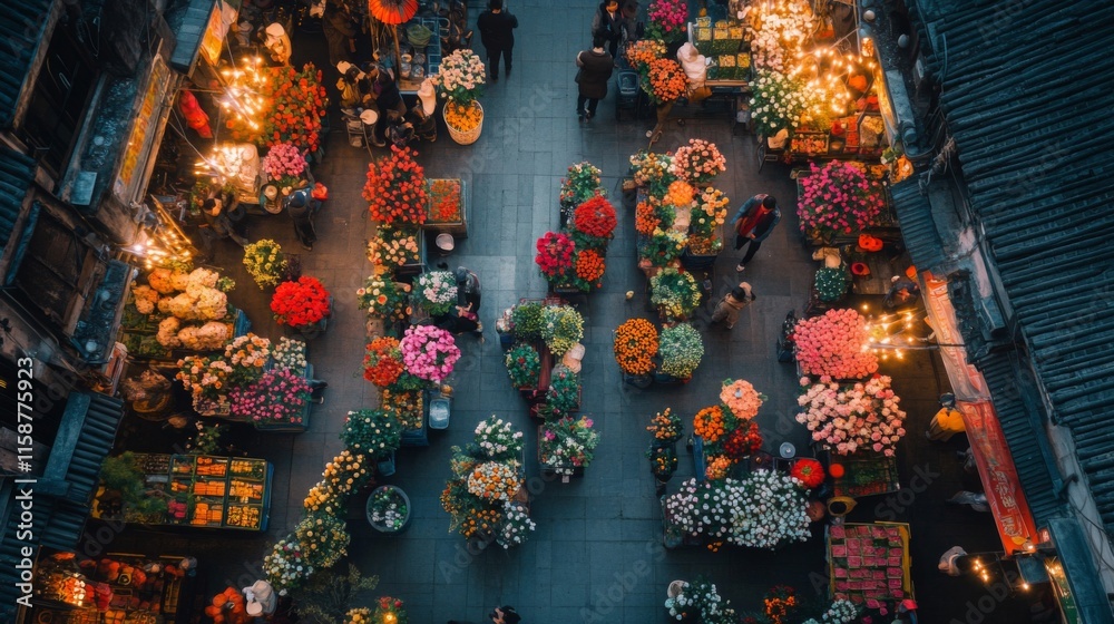 Naklejka premium A vibrant aerial view of a bustling flower market at night