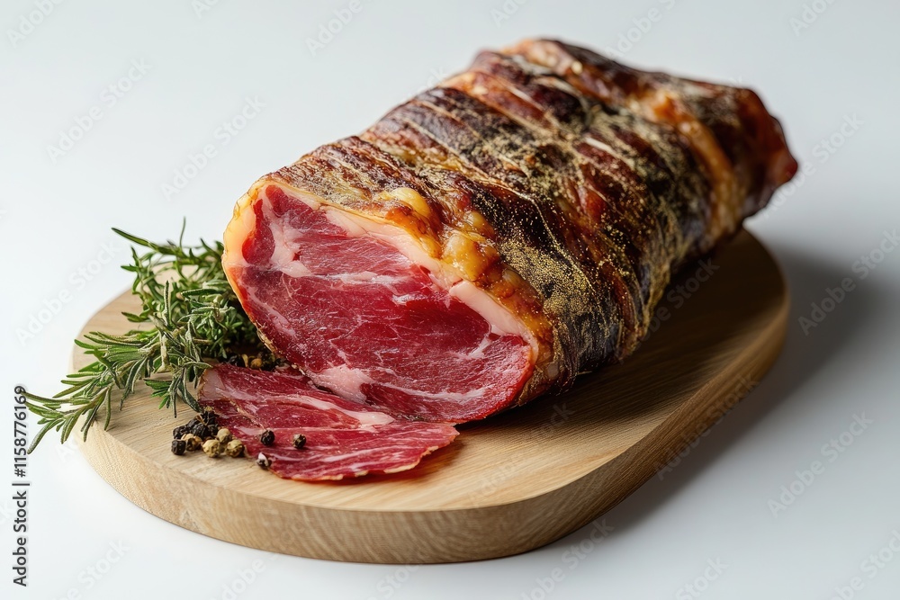 Coppa on cutting board with rosemary and peppercorns: displaying traditional italian cured meat Coppa on cutting board with rosemary and peppercorns: displaying traditional italian cured meat