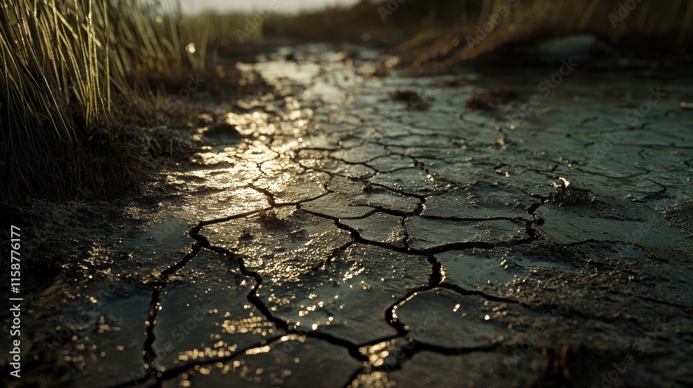 Dry Cracked Earth with Reflections in Golden Light at Dusk Dry Cracked Earth with Reflections in Golden Light at Dusk