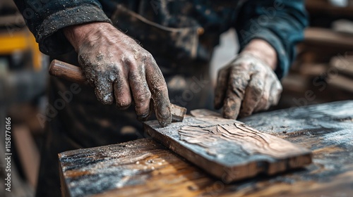 Carpenter using chisel and wooden mallet on wood plank in workshop