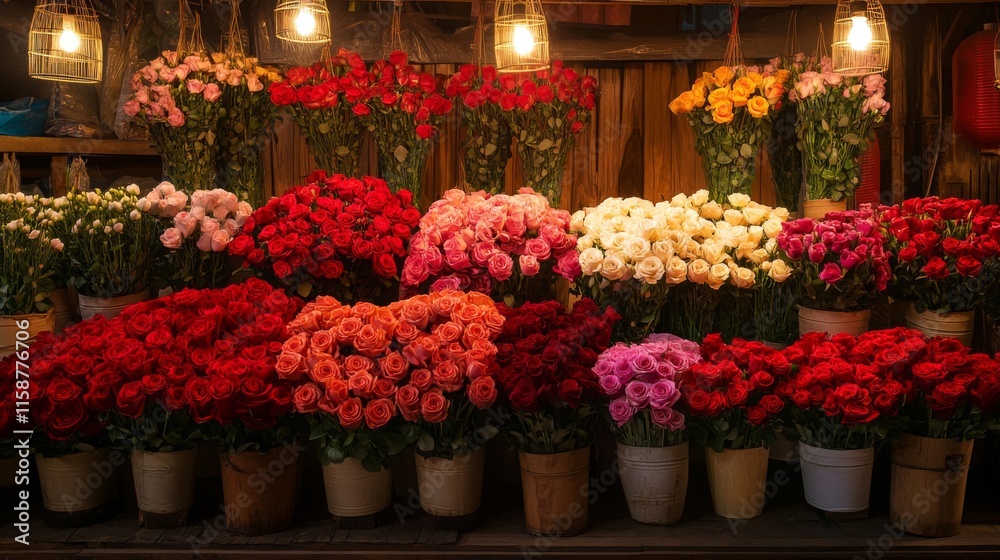 Fototapeta premium Colorful Rose Bouquets Illuminate A Flower Shop