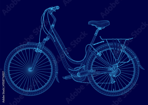 Blue bicycle with a seat and a blue handlebar. The bike is shown in a stylized way, with the frame of the bike and the spokes of the wheel being emphasized. Scene is one of creativity