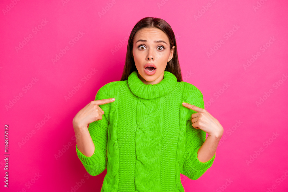 Portrait of impressed lady showing at herself staring wearing knitted sweater with trendy collar isolated over fuchsia background