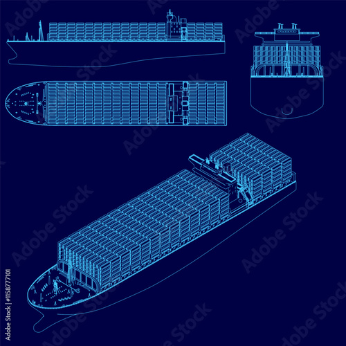 Blue drawing of a ship with a blue background. The ship is shown in three different views, with the top view showing the top of the ship and the bottom view showing the bottom of the ship