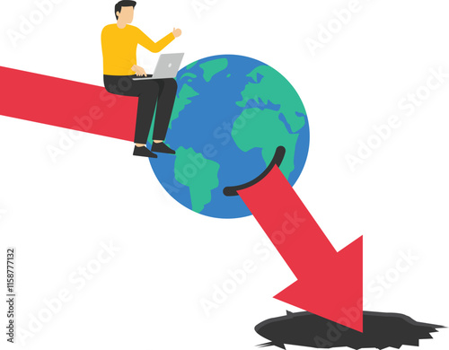 Depressed man sitting on sickness globe with red arrow down chart with virus pathogen.

