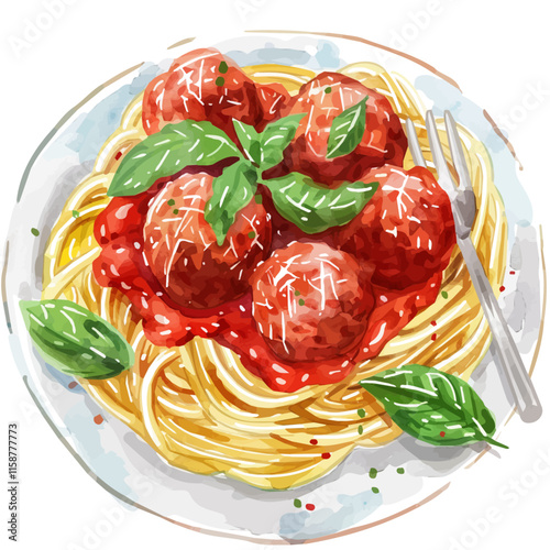 A watercolor illustration of Italian spaghetti with meatballs and marinara, isolated on a white background. Spaghetti vector.
