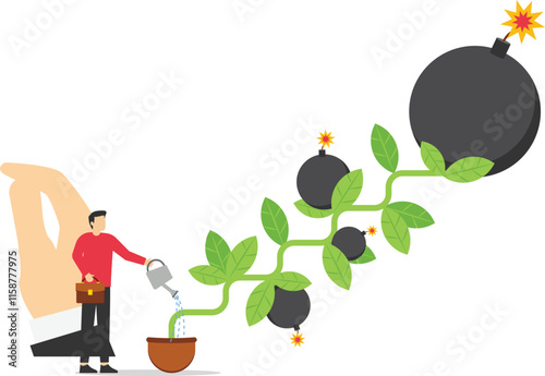 Businessman watering growing seedling with bombs flower. Unexpected problem, dangerous situation. Modern vector illustration in flat style

