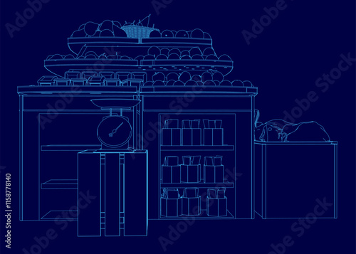 Blue drawing of a store with a scale and a sign that says "weight". The drawing is of a store with a lot of fruit and vegetables on display