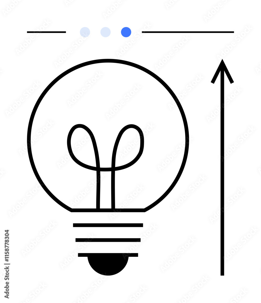 Light bulb with vertical arrow signifies ideas and growth. Small dots add focus. Ideal for innovation creativity, progress, development, technology, inspiration, motivation. Line metaphor Light bulb with vertical arrow signifies ideas and growth. Small dots add focus. Ideal for innovation creativity, progress, development, technology, inspiration, motivation. Line metaphor