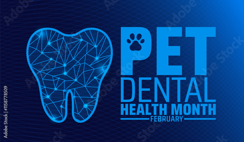 National pet dental health month background banner or poster design template with blue color technology concept pet tooth design. observed every year in February. Holiday concept. Use to any Template.