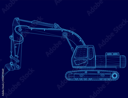 Blue drawing of a large construction vehicle. The drawing is in blue and is very detailed