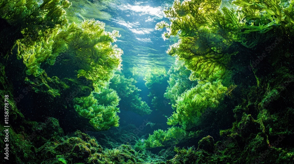 Underwater scene with vibrant green algae. Underwater scene with vibrant green algae.