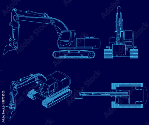 Blue drawing of a construction vehicle. The drawing is of a machine with a large scoop on the front