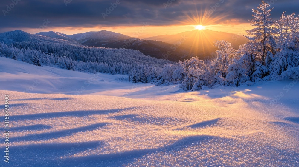 Majestic sunset over snow-covered mountain range.