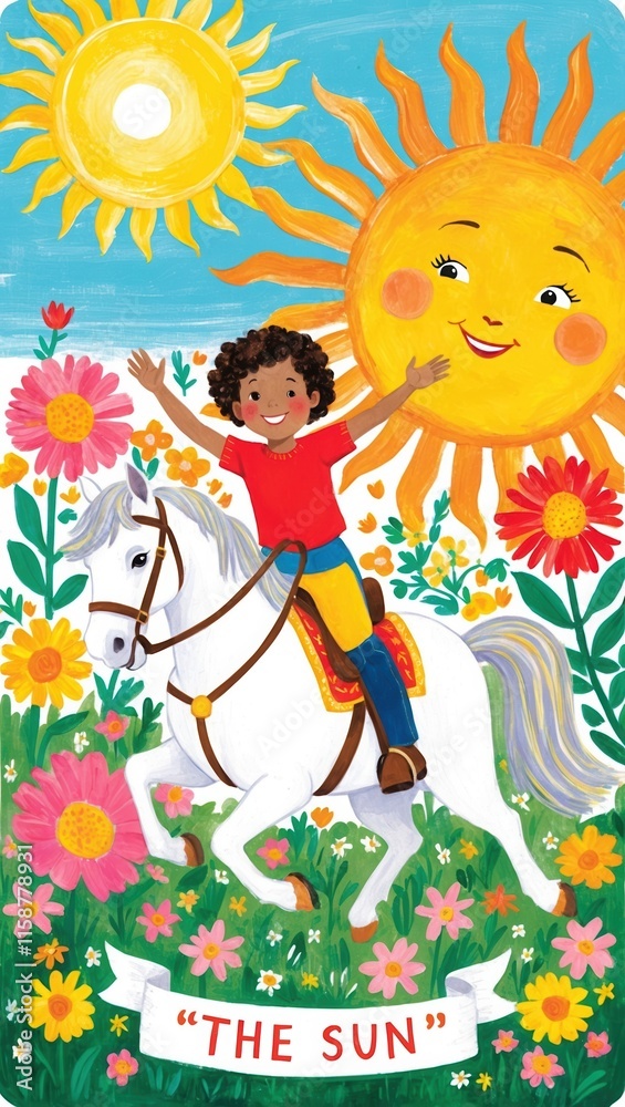 Child on Horse Amidst Flowers and Sun Child on Horse Amidst Flowers and Sun