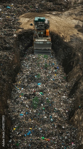 Heavy machinery compacts waste in landfill.
