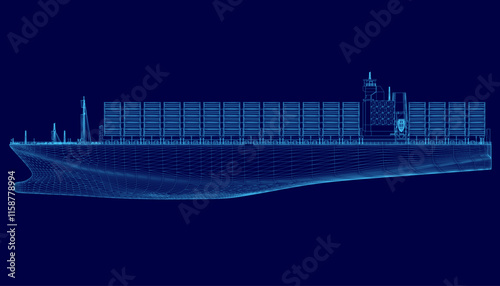 Blue ship wireframe. The ship is large and has many containers on it