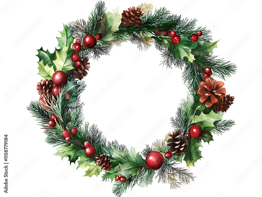 Christmas round wreath ring in watercolor style with vibrant greens, reds, and festive accents, isolated on a transparent background in PNG format.