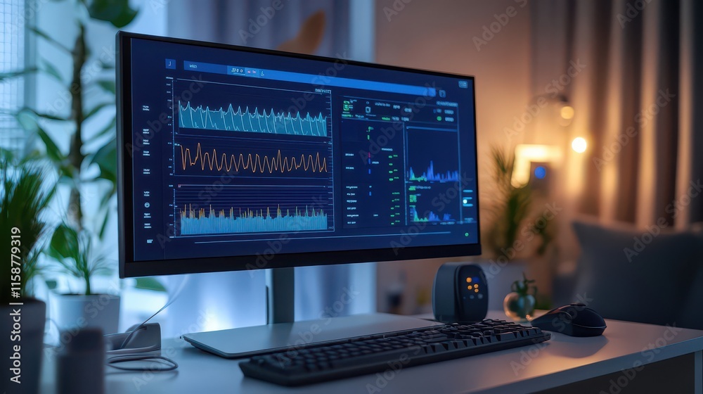 Modern Computer Monitor Displaying Data Analysis in a Cozy Office Setting Modern Computer Monitor Displaying Data Analysis in a Cozy Office Setting