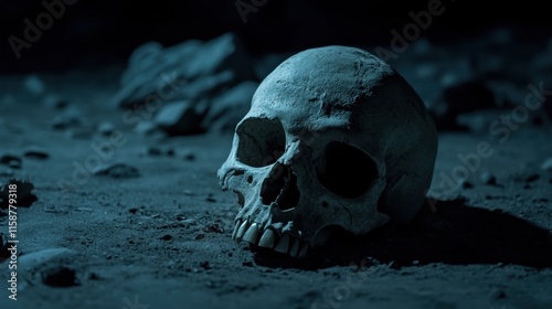 Human Skull Resting on Ground in Dimly Lit Environment
