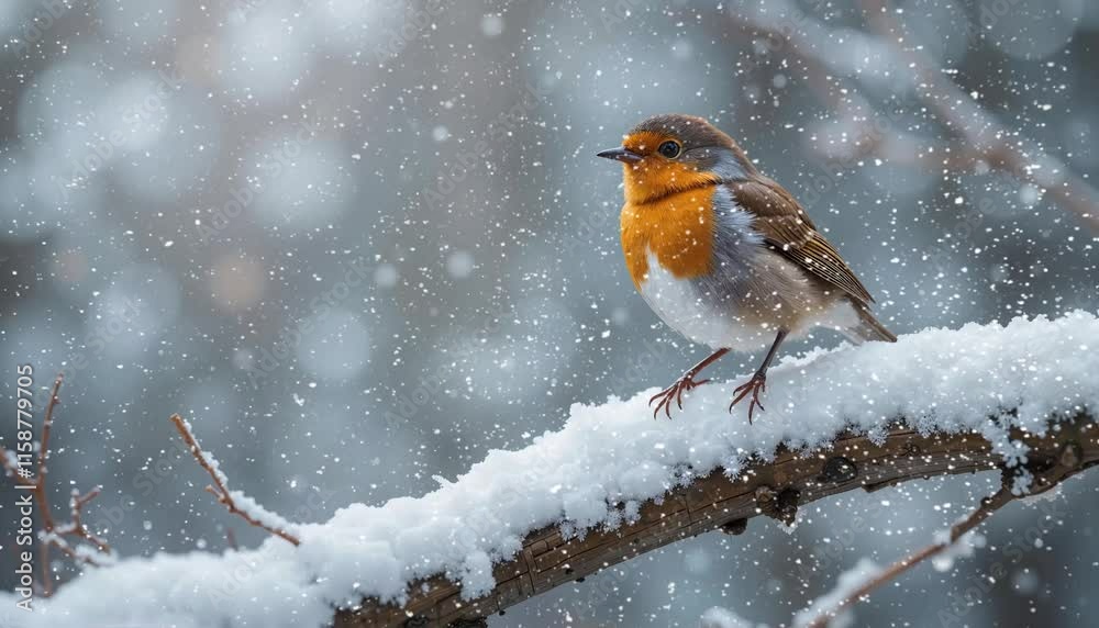 European Robin with Bright Orange Breast Perched on Snowy Branch in Gentle Snowfall European Robin with Bright Orange Breast Perched on Snowy Branch in Gentle Snowfall