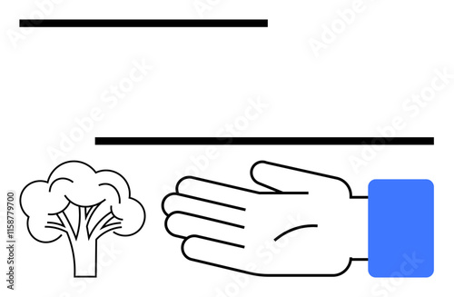 Open hand beside a tree with two parallel lines above and below. Ideal for nature, growth, charity, support, generosity, sustainability, minimalism. Line metaphor