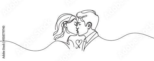 Illustration of couple kissing. One line drawing. Boy and girl kissing in one line style. Vector illustration