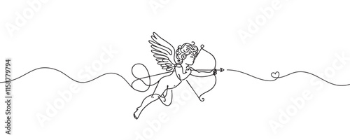 Cupid shooting arrows of love drawn in one line style. vector illustration