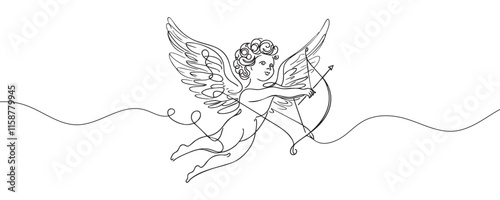 Cupid shooting arrows of love drawn in one line style. vector illustration