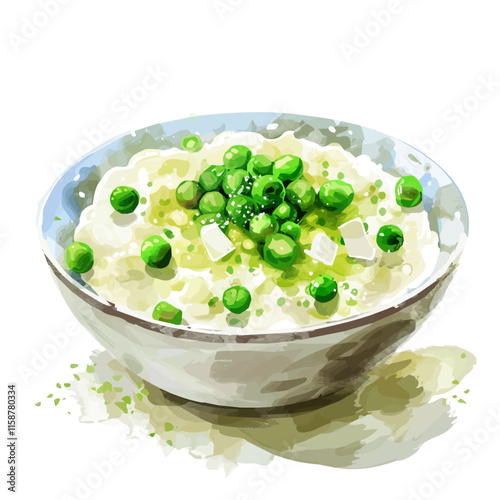 A watercolor drawing of Italian risotto with peas and Parmesan, isolated on a white background. Risotto vector.
