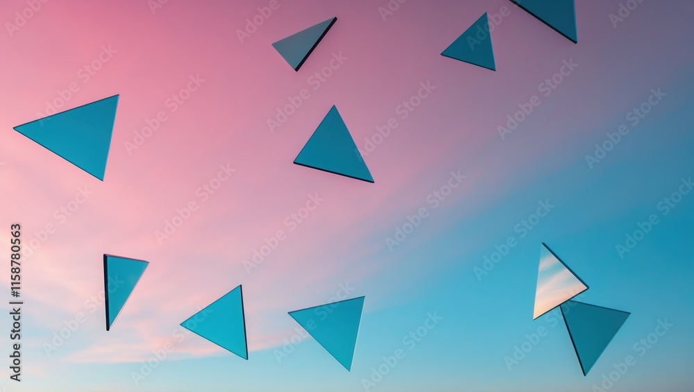 Dreamy Abstract Blue Triangles in Pink Sky Dreamy Abstract Blue Triangles in Pink Sky