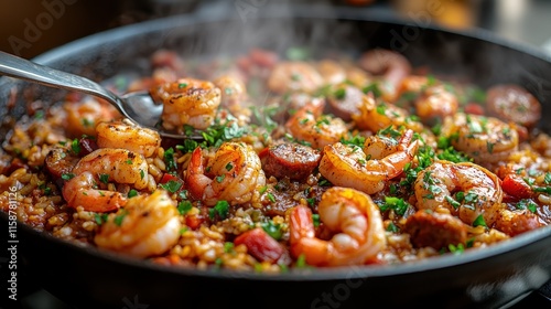 Ladle pouring jambalaya into a bowl with chunks of sausage and vegetables photo