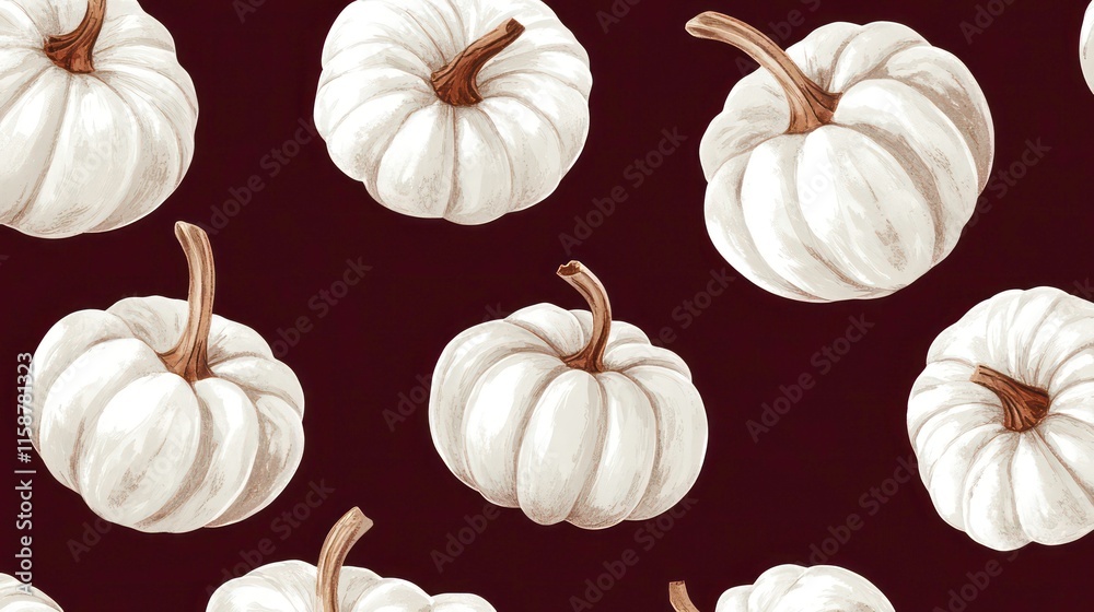 Fototapeta premium Seamless pattern of white pumpkins on a dark brown background.