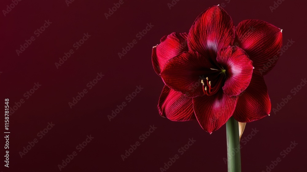 A bold red amaryllis against a deep burgundy background, close-up shot, Minimalist style A bold red amaryllis against a deep burgundy background, close-up shot, Minimalist style
