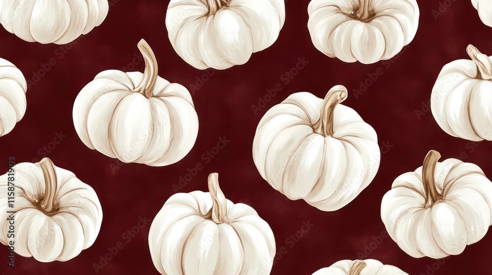 Fototapeta premium Seamless pattern of white pumpkins on a dark red background.