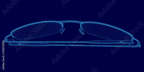 Blue image of sunglasses with a blue background. The sunglasses are shown in a 3D format, giving the impression of depth and dimension. Concept of style and sophistication