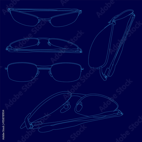 Series of blue drawings of glasses. The drawings are of different styles and angles. Scene is artistic and creative