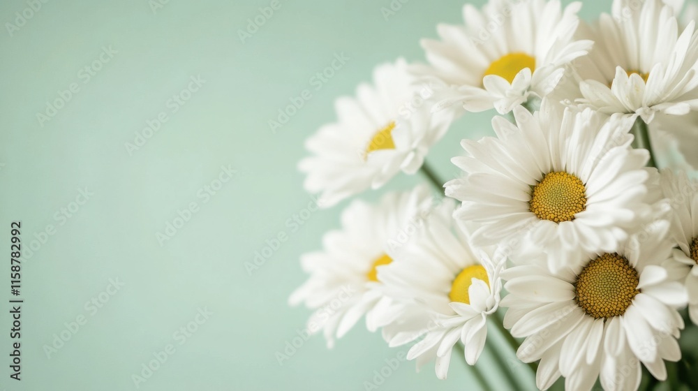 A bouquet of white daisies on a soft mint green background, close-up shot, Minimalist style