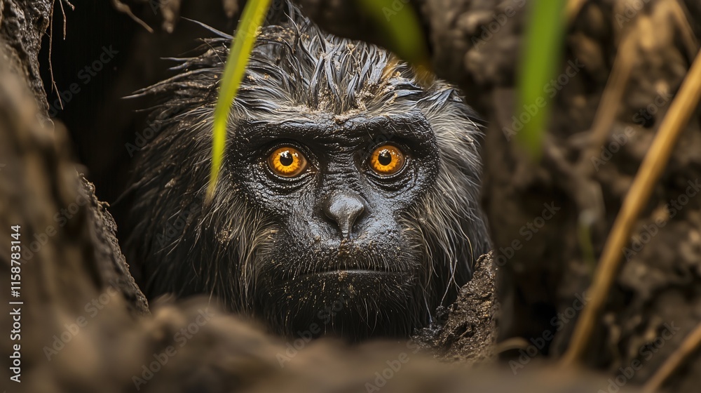 A wet monkey with striking golden eyes peering from a hollow tree, creating a sense of curiosity and intrigue.
