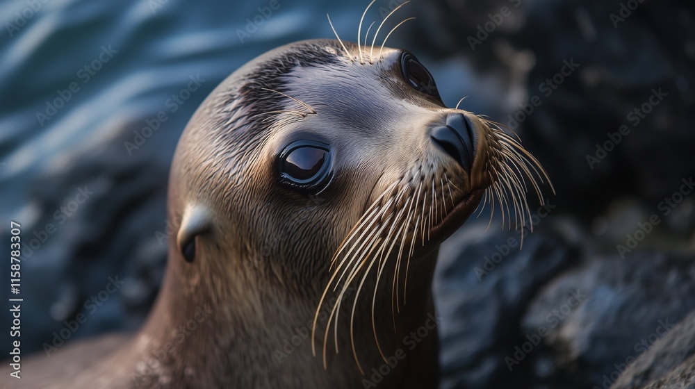 Obraz premium A detailed close-up of a seal’s face with shiny whiskers and wet fur, near rocky coastal waters.